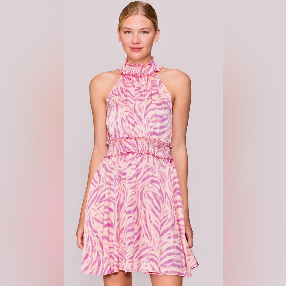 MELLODAY HALTER NECK SMOCKED MINI DRESS WOMENS PINK/WHITE PATTERNED SIZE LARGE